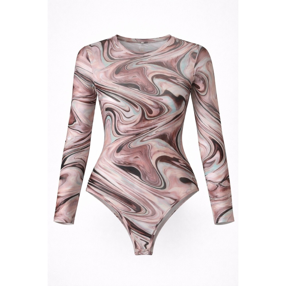 Funky Swirl Women's XL Sheer Long Sleeve Bodysuit Leotard Tie Dye Retro Y2K